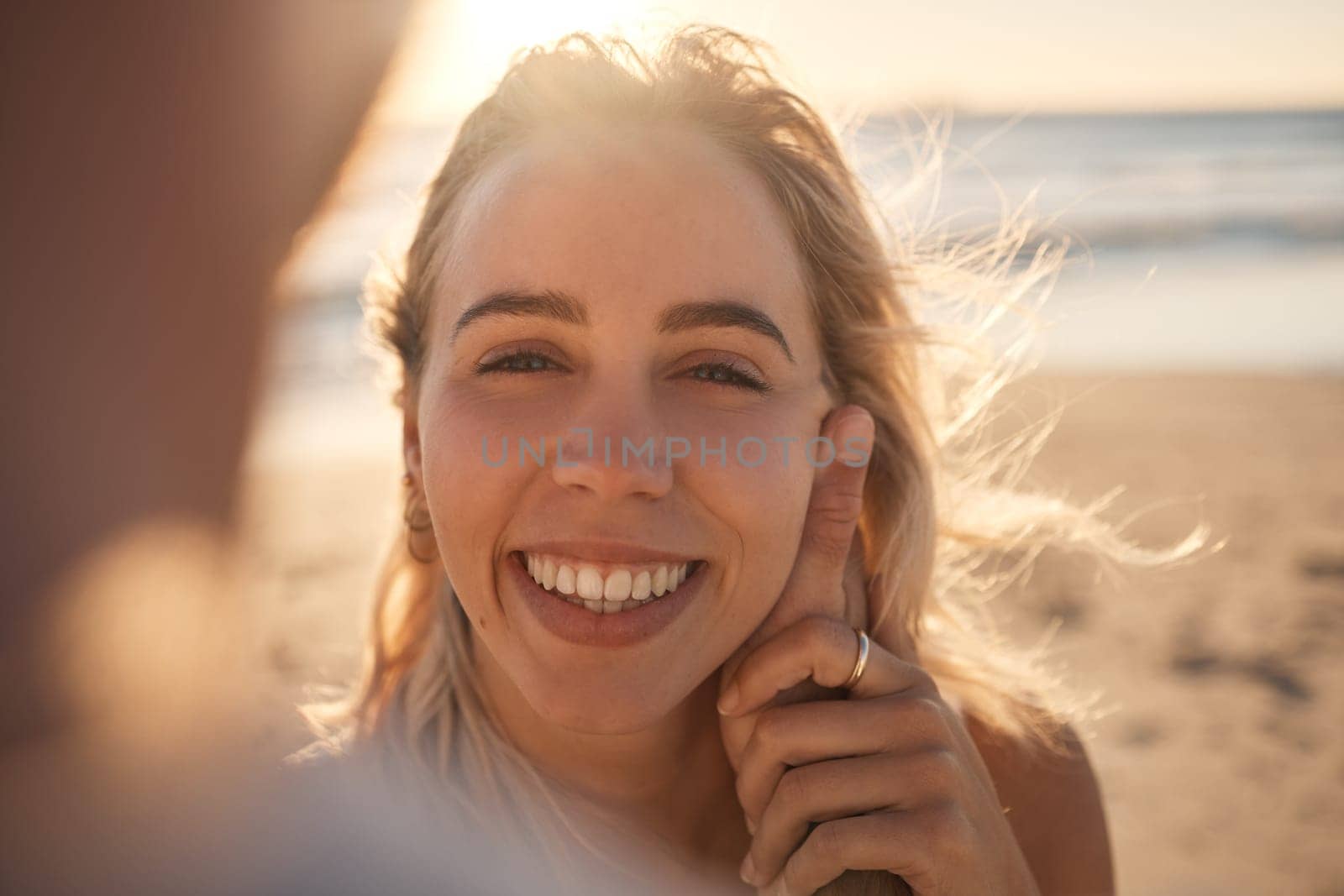 Pov, couple and love on beach holiday, vacation or summer date outdoors. Portrait, romance and smile of man and woman with affection, having fun and enjoying quality time together on sandy seashore. by YuriArcurs