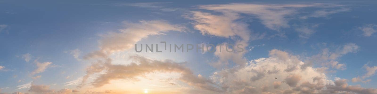 360 sky panorama of vibrant pink Cumulus clouds at sunset, seamless hdr equirectangular format. Ideal for immersive game design and sky replacement by panophotograph