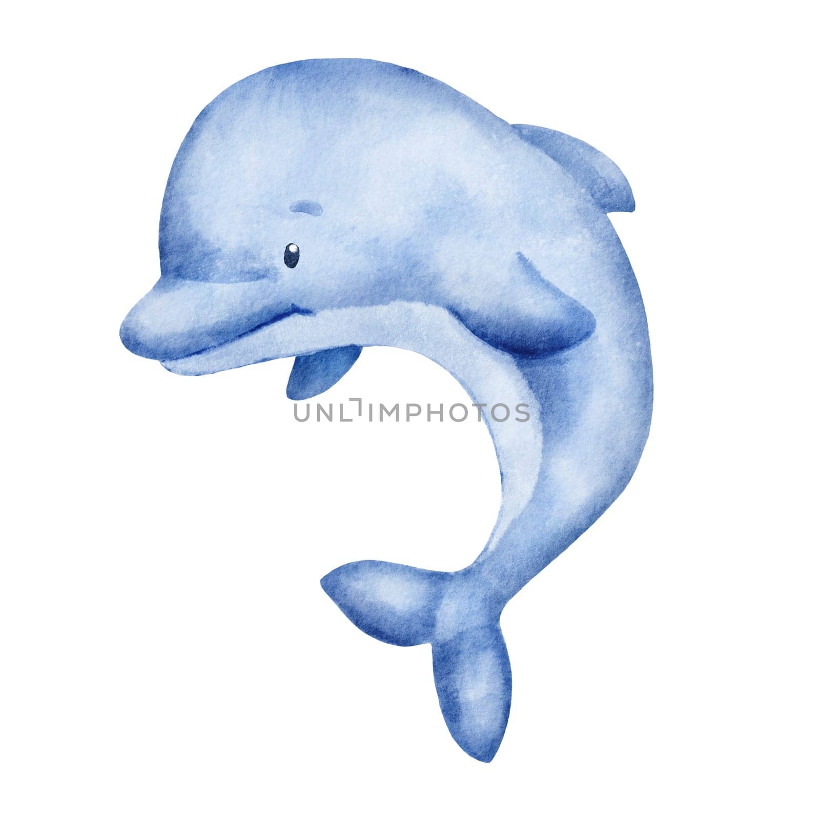 Watercolor cute smiling dolphin isolated on white. Baby character illustration by ElenaPlatova
