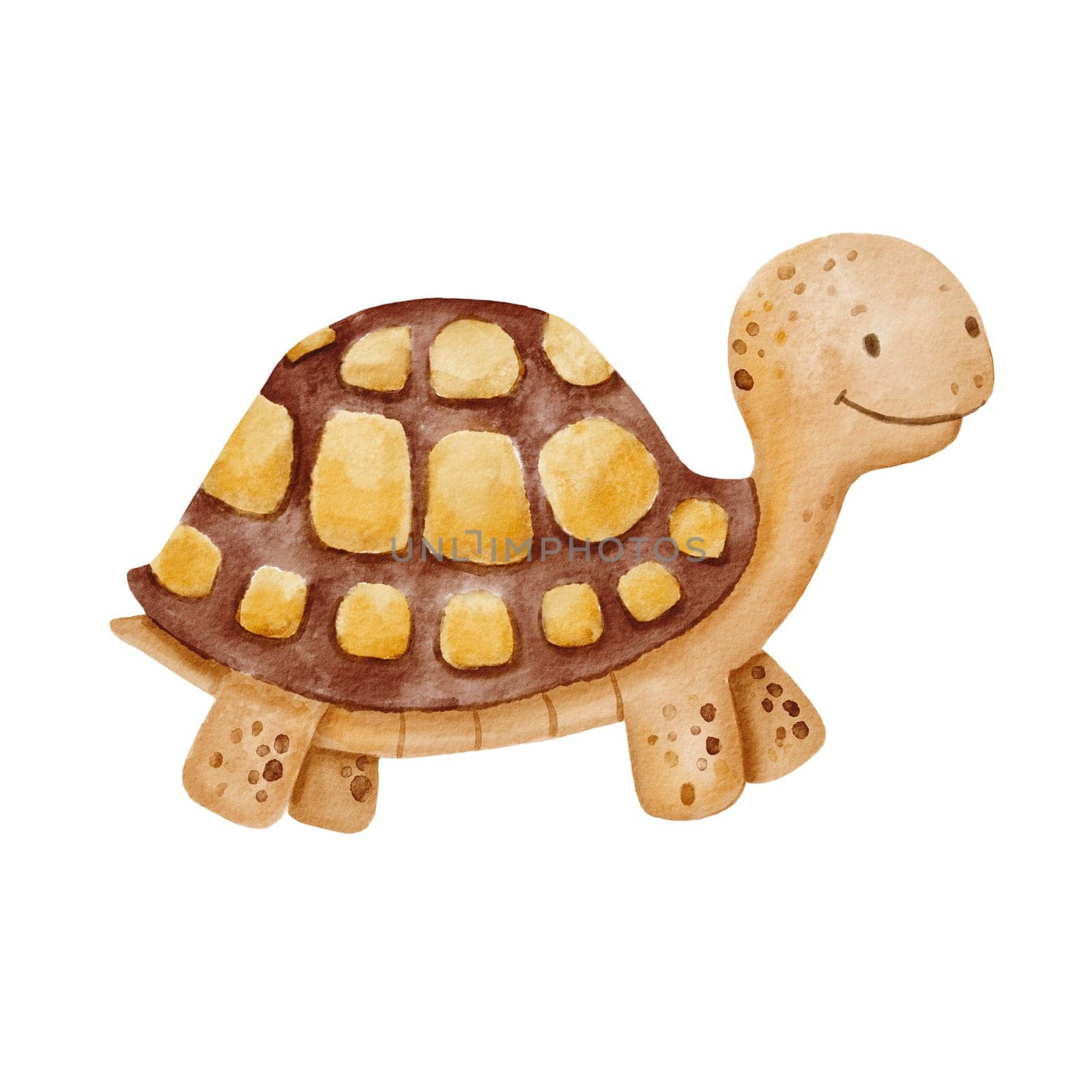Watercolor cute smiling turtle isolated on white background. Baby character illustration