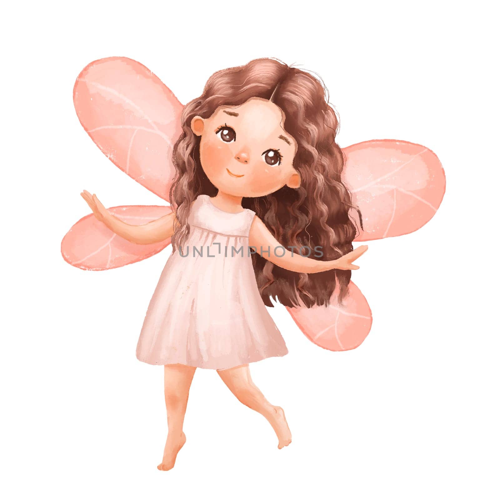 Cute cartoon fairy in pink dress dancing. Watercolor hand drawn illustration isolated on white background