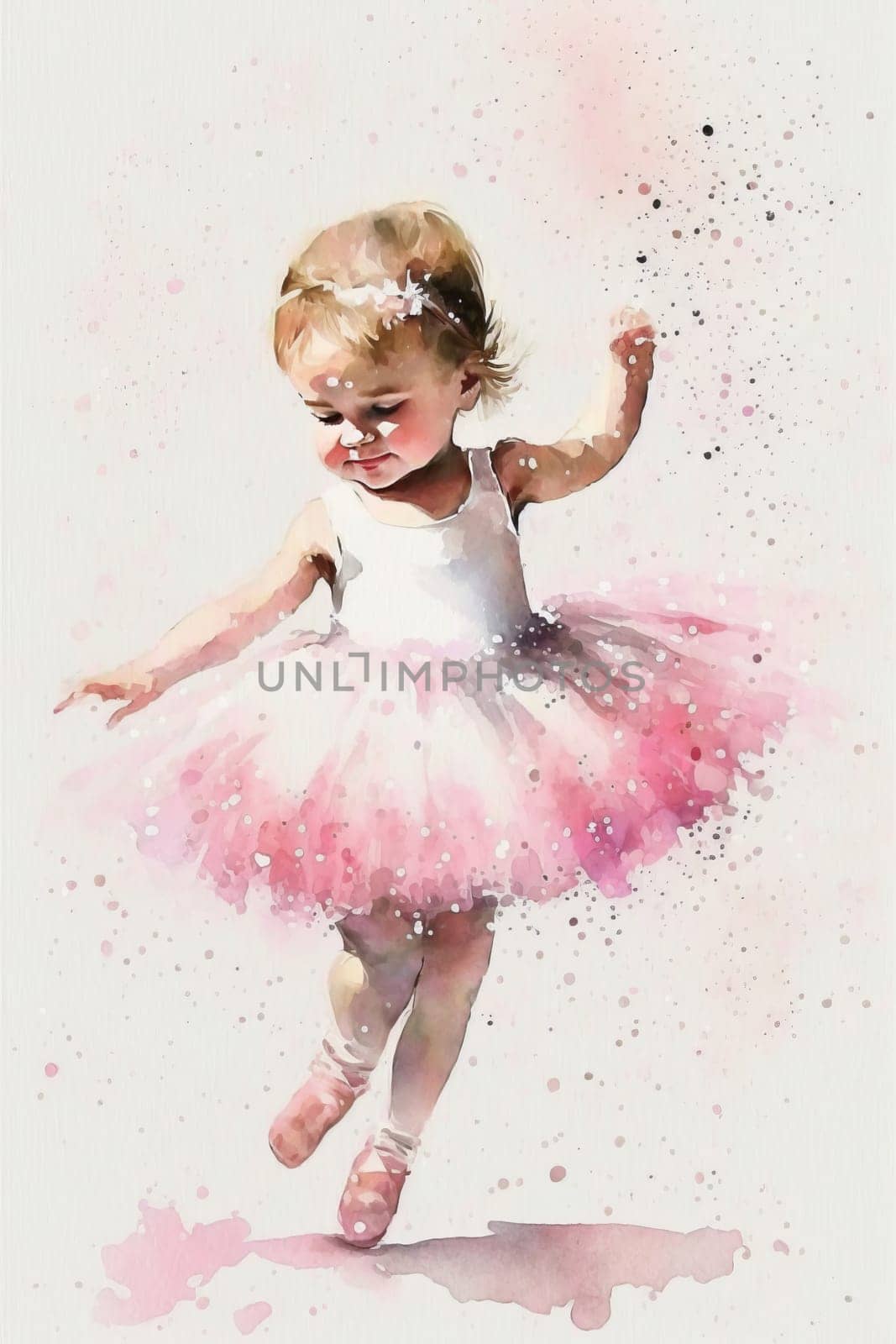 Watercolor little ballerina girl in a pink dress with a tutu skirt makes a pose on a white background. Generative ai.