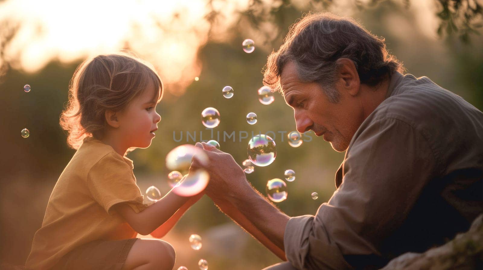 Father and his little child playing with bubbles during the golden hour. Concept of fathers day, fathers love, relationships between dad and child. Generative Ai.
