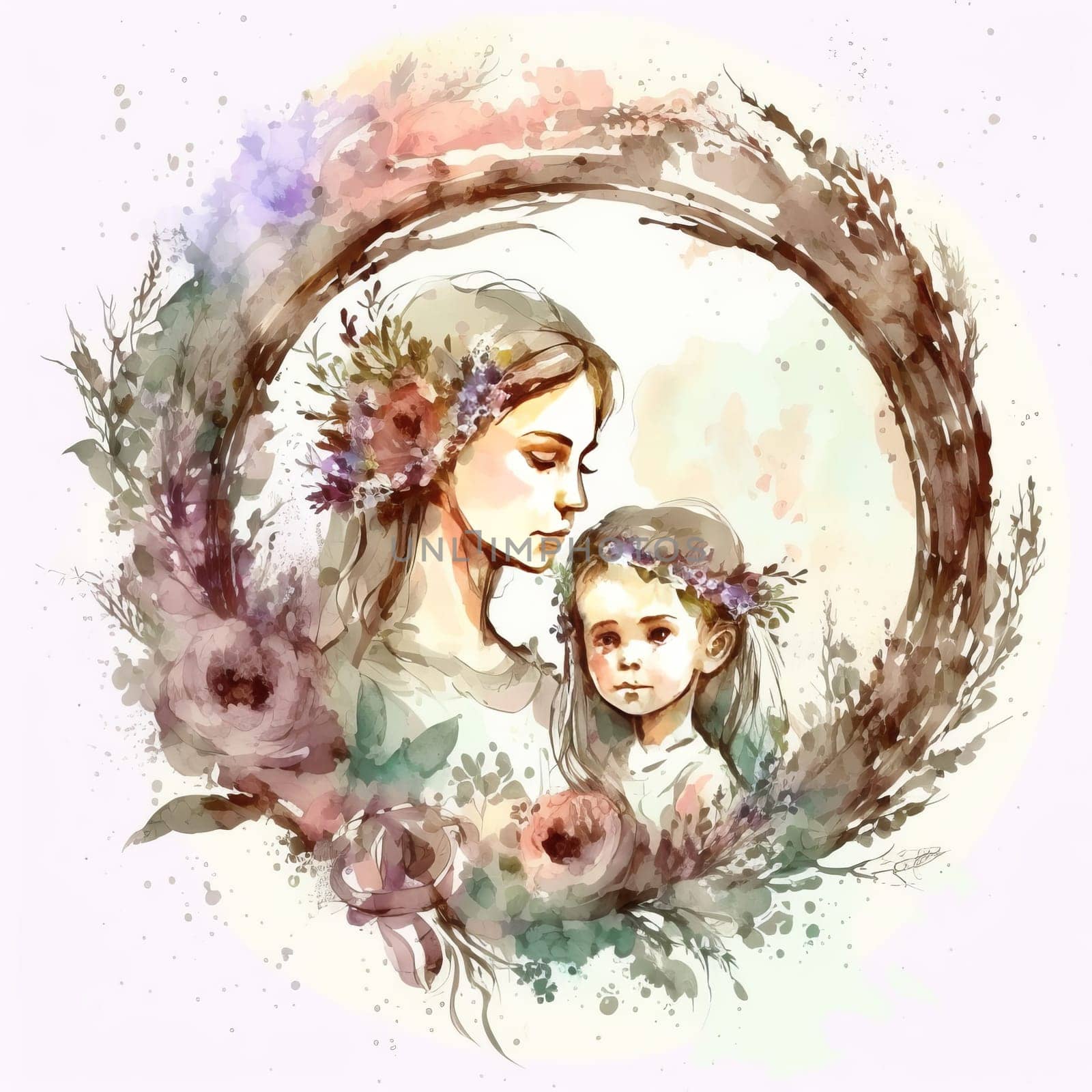 Floral watercolor illustration of mother hugging her baby, women day, happy childhood, mother's day, copy space. Concept mothers love, relationships between mother and child. Generative ai by JuliaDorian