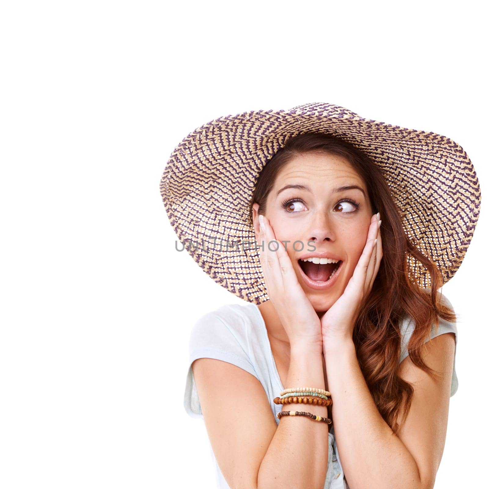 Woman, wow face and studio with hat for summer, fashion and excited for vacation with facial beauty. Model, clothes and surprise with hands, background and sunhat for safety from sunburn on holiday.