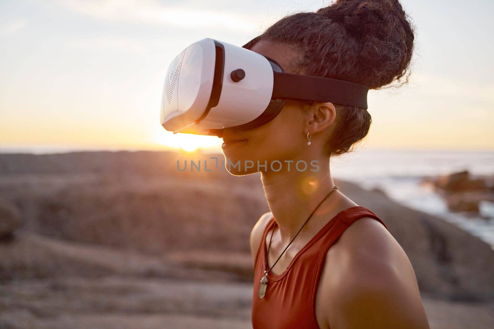 Woman, virtual reality glasses and metaverse while outdoor in nature with ai technology for video game in cyber world for travel. Female with vr goggles for futuristic 3d experience for meditation by YuriArcurs