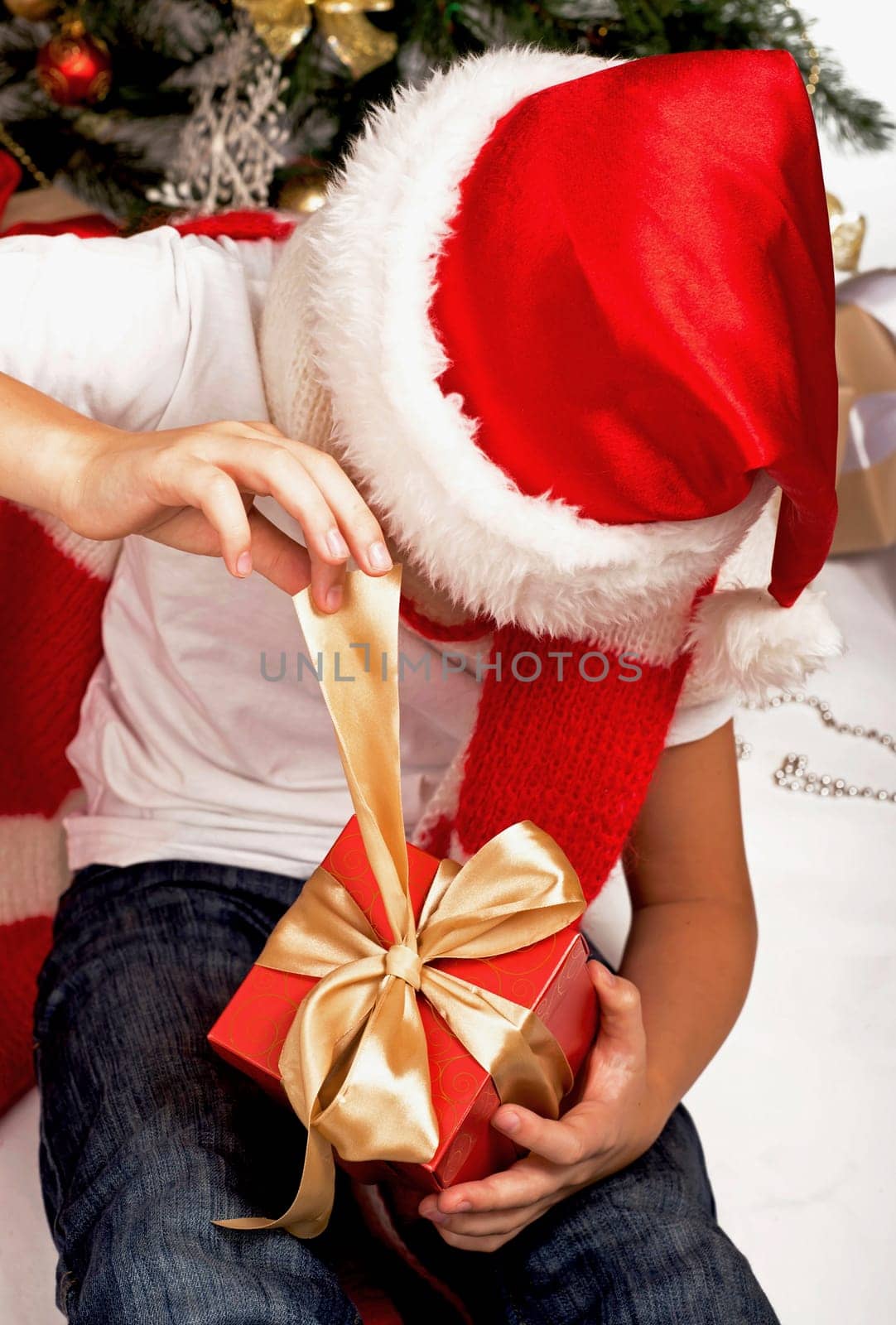 Christmas Kids. Happy Children Opening Gifts. New Year. Christmas Tree