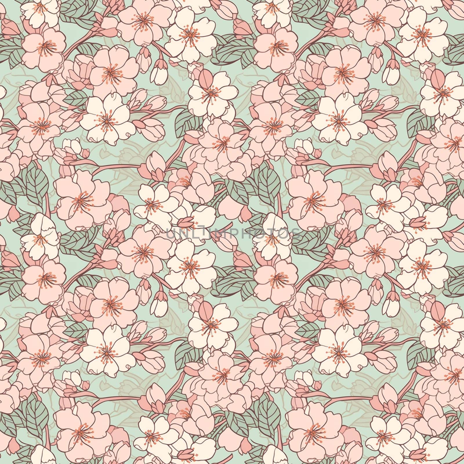 Seamless pattern: blossoming sakura branches. Light pink flowers. Generative AI