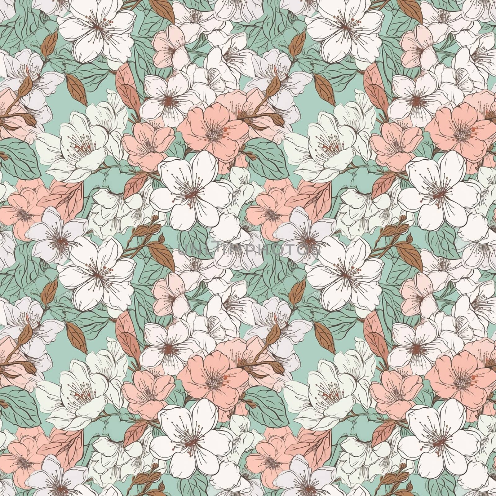 Seamless pattern: blossoming sakura branches. Light pink flowers. Generative AI