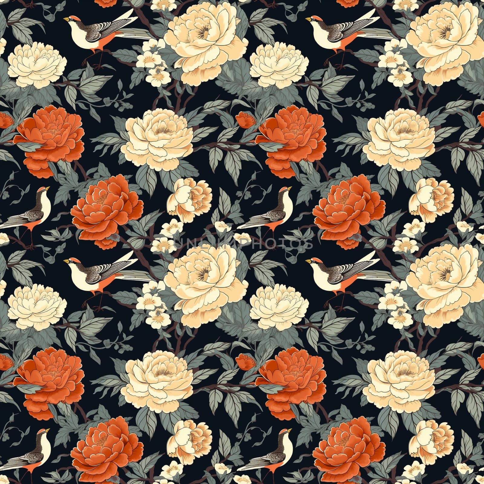 Seamless pattern: lush yellow red flowers and birds on a black background in the style of Japanese prints. Generative AI