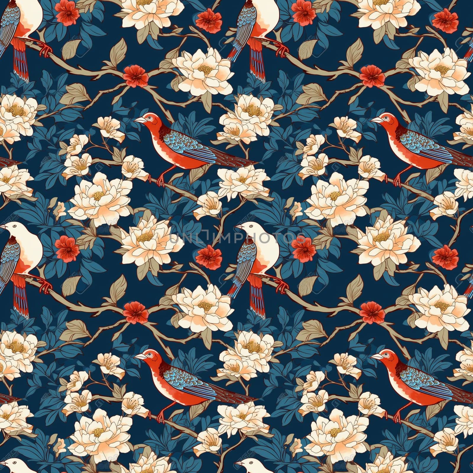 Seamless pattern: lush yellow flowers and birds on dark blue background in the style of Japanese prints. Generative AI by maclura