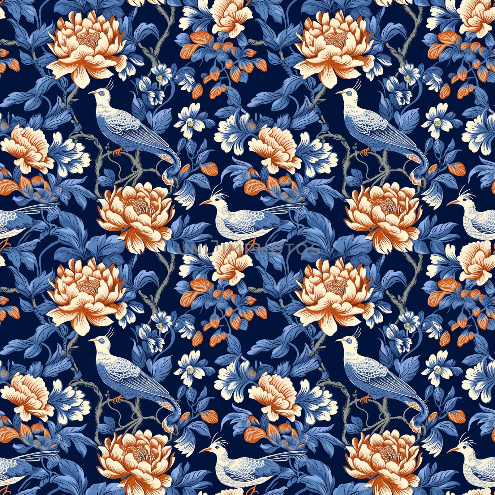 Seamless pattern: lush yellow flowers and blue birds on dark blue background in the style of Japanese prints. Generative AI by maclura
