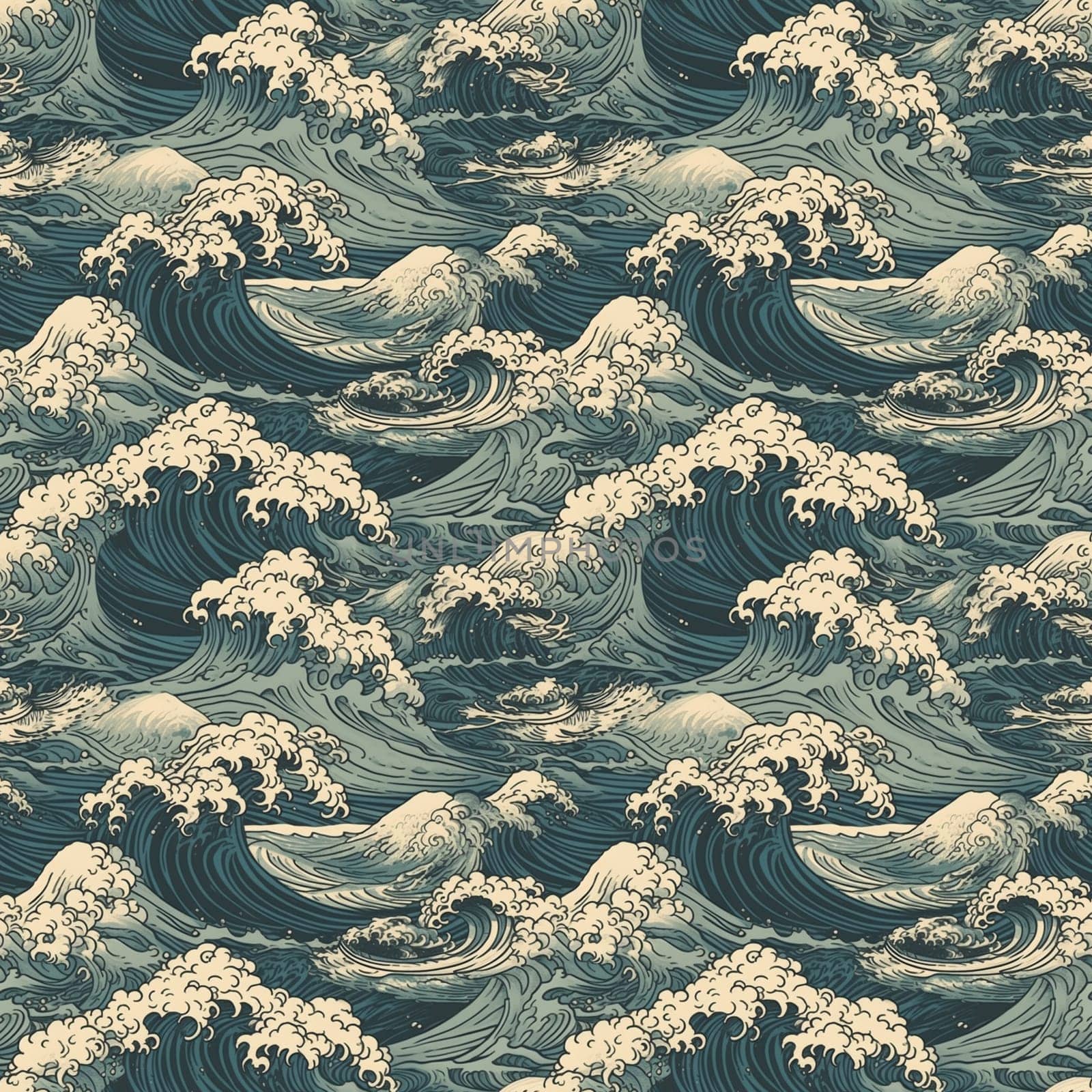 Seamless texture: a sea waves pattern in old vintage Japanese style. Generative AI