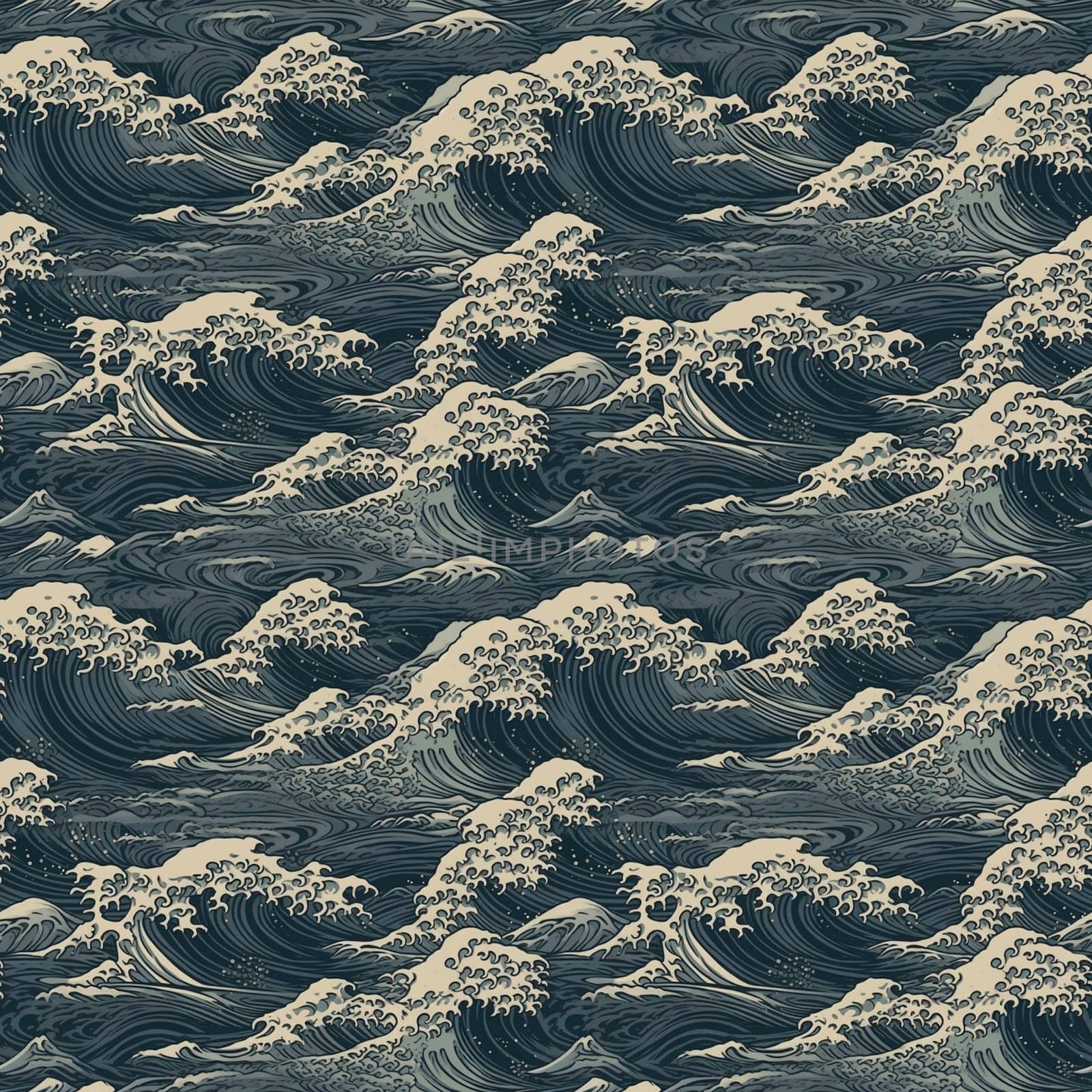 Seamless texture: a sea waves pattern in old vintage Japanese style. Generative AI