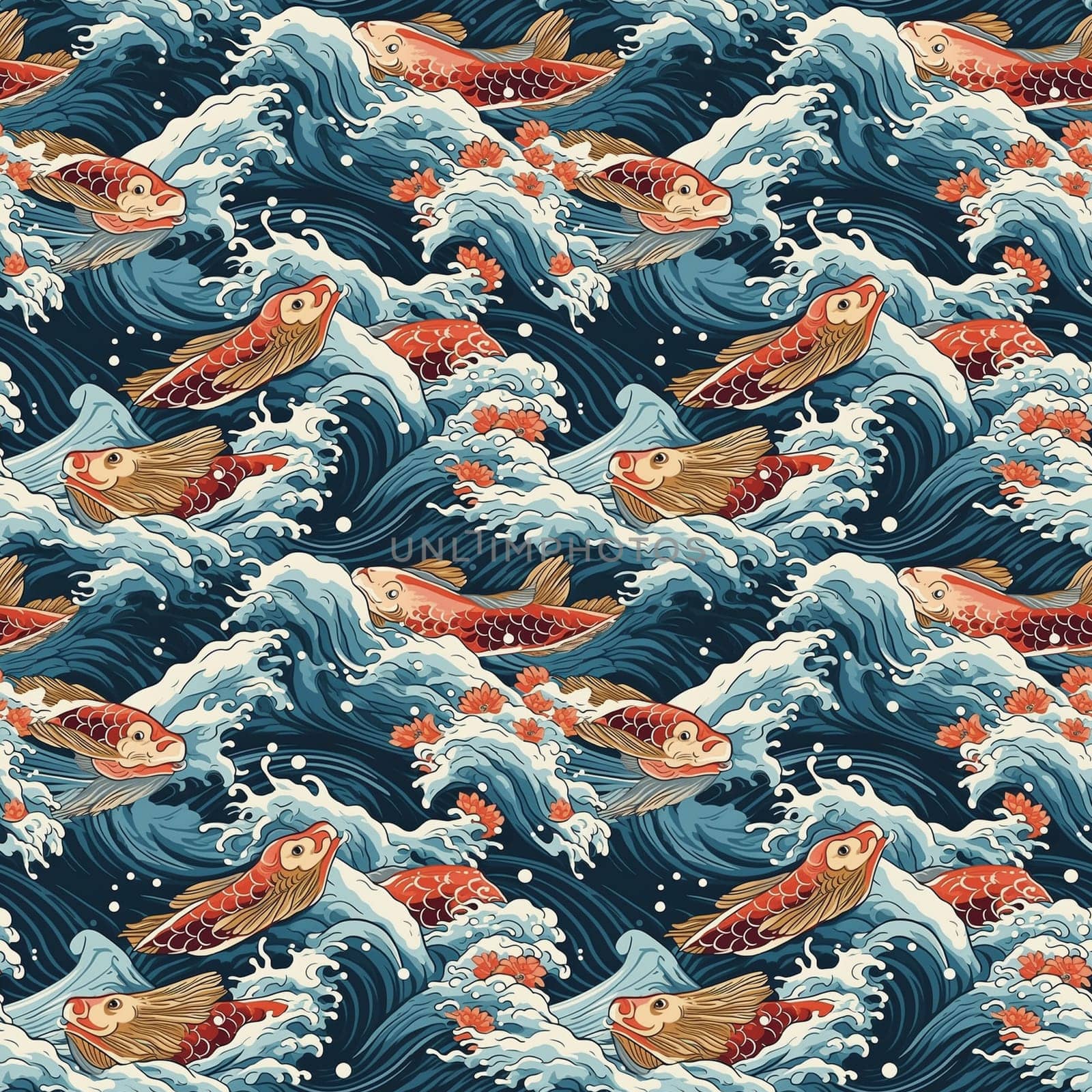 Seamless texture: sea waves with fish pattern in old vintage Japanese style. Generative AI by maclura