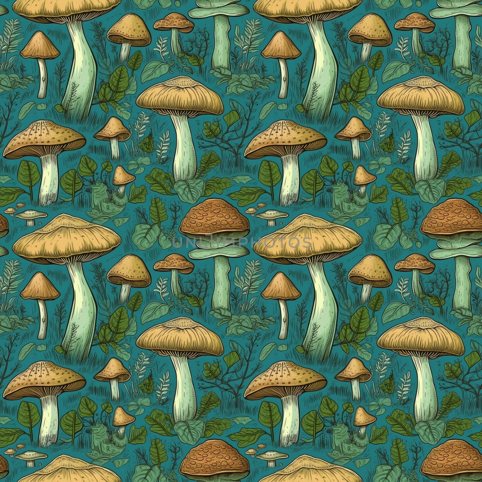 Autumn Whimsical seamles pattern with fairytale mushrooms. Intricate background with mushrooms, texture design for gift wrap. Generative AI