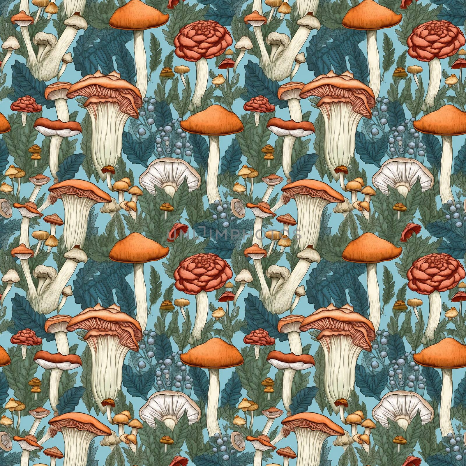 Autumn Whimsical seamles pattern with fairytale mushrooms. Intricate background with mushrooms, texture design for gift wrap. Generative AI