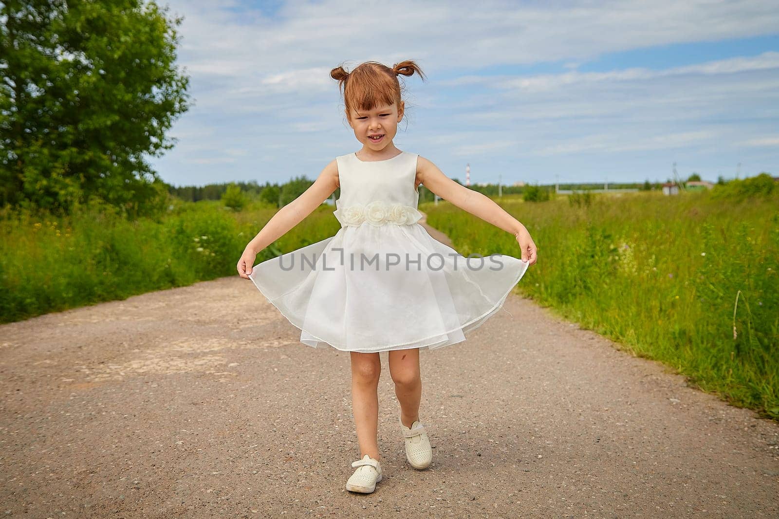 Portrait of a little girl with Asian eyes on a road in a meadow or field with grass and flowers on a sunny summer day by keleny