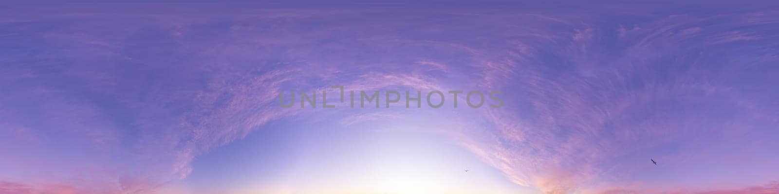 Bright sunset sky panorama with Cirrus clouds. Seamless hdr spherical equirectangular 360 panorama. Sky dome or zenith for 3D visualization, game and sky replacement for aerial drone 360 panoramas.