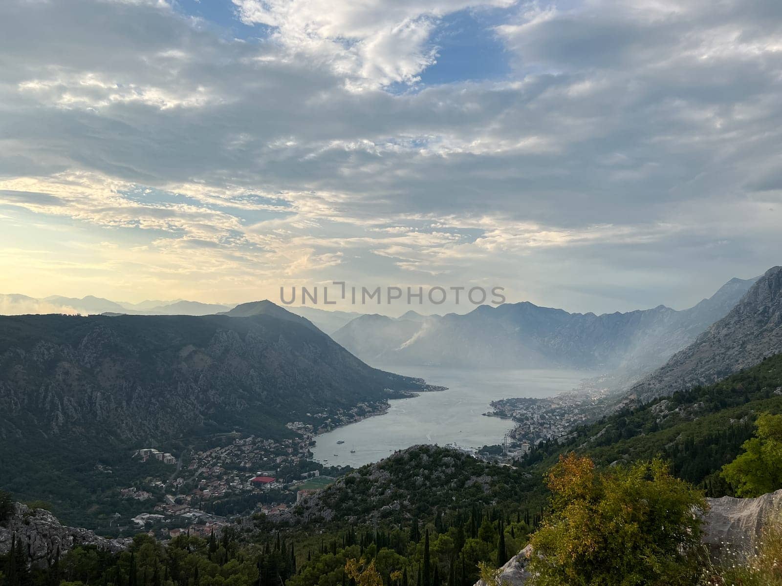 View from Mount Lovcen to the valley of the Bay of Kotor at sunset. Montenegro. High quality photo