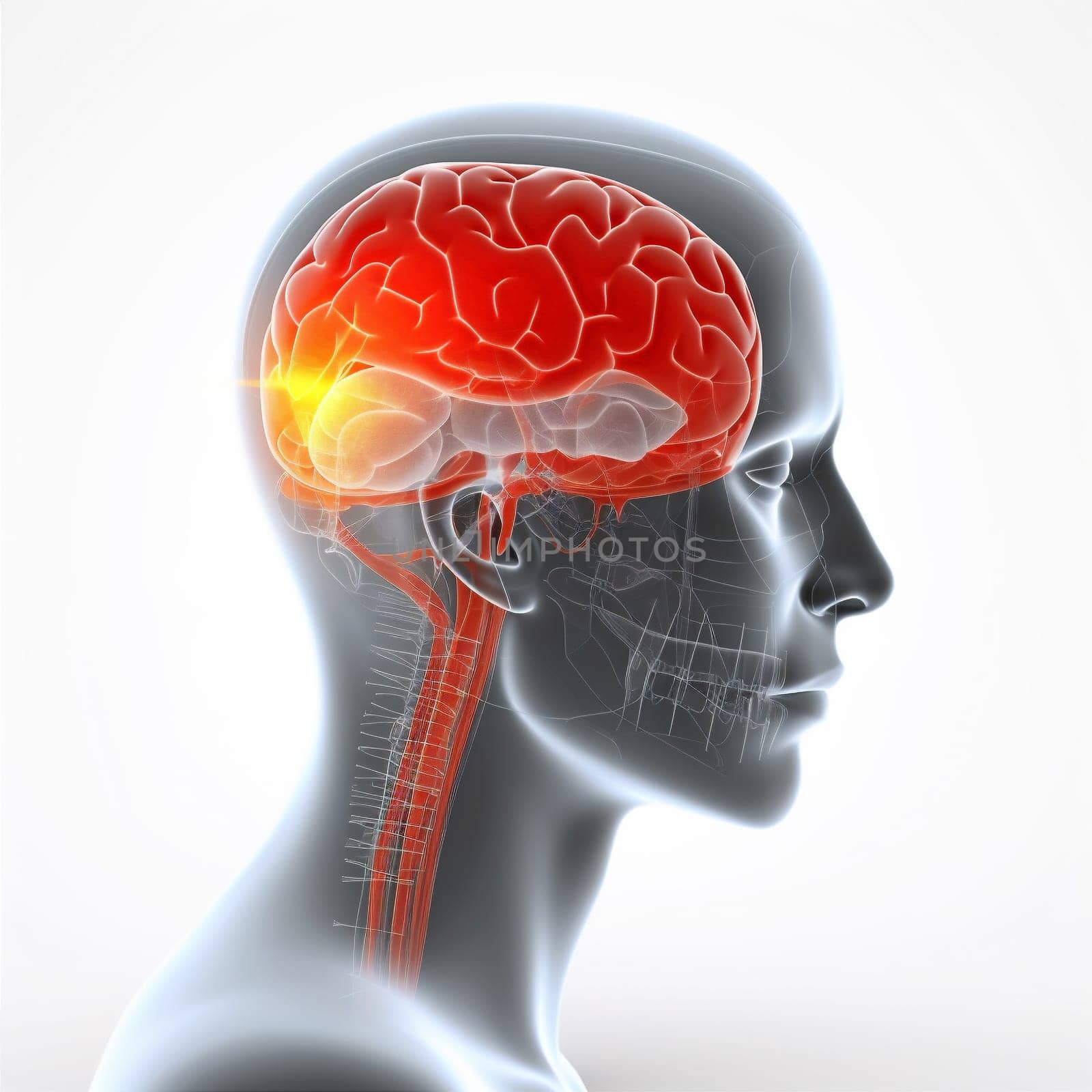 intelligence man headache medicine system stress red pain blue ray anatomy medical illustration x-ray physiology brain cerebral healthcare background head. Generative AI.
