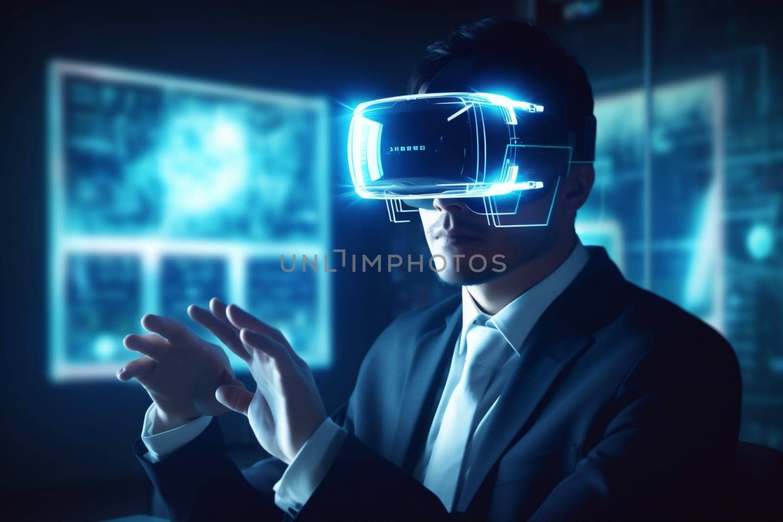 headset woman tech connection cyberspace concept business goggles future interface digital line virtual technology glasses businessman vr entertainment modern cyber abstract. Generative AI.