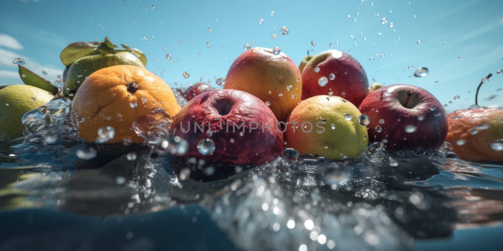 yellow sweet background fresh black water organic liquid citrus juicy healthy green food splash red kiwi fruit strawberry vitamin drop lemon. Generative AI.