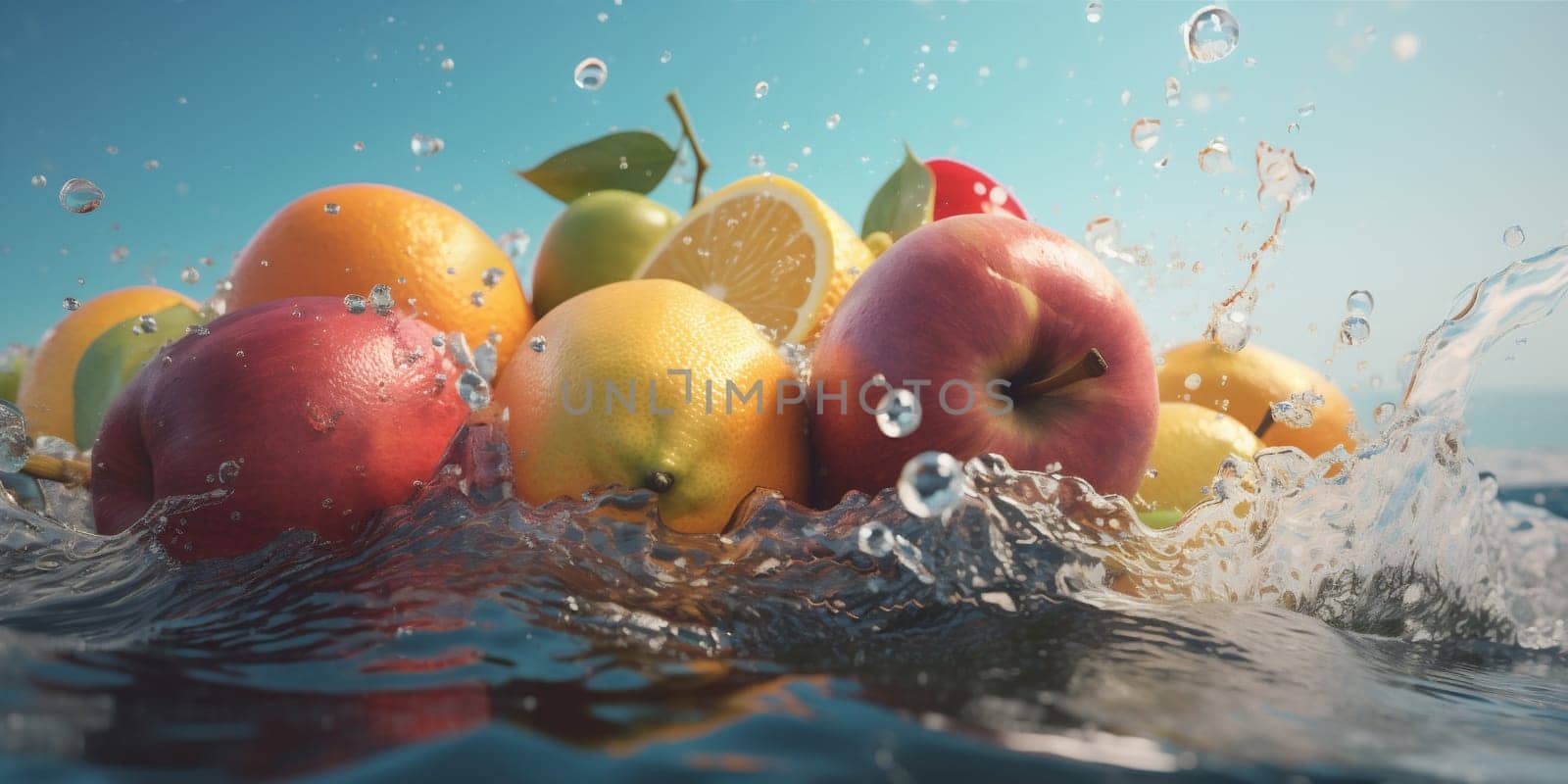 copy space water banana delicious strawberry vegetable nature fruit wave drop healthy red food vitamin green health agriculture liquid fresh natural background. Generative AI.