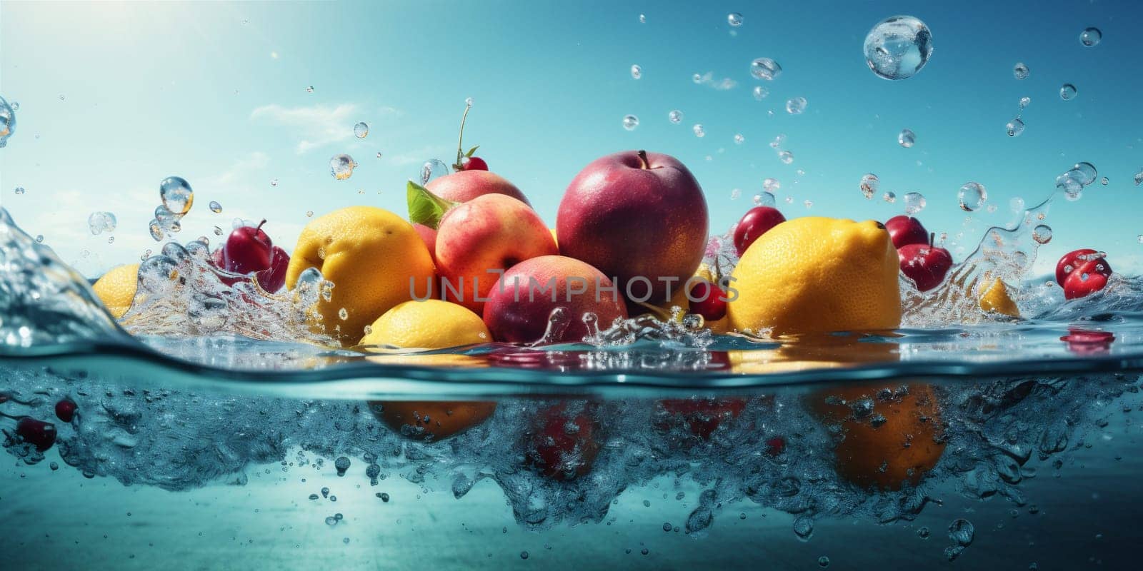 wave green background drop nature vitamin apple clean health diet fresh banana yellow water strawberry citrus food healthy fruit concept natural. Generative AI.