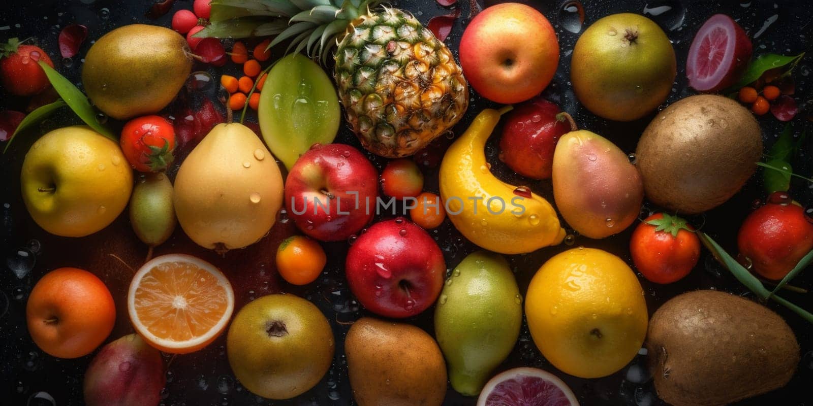 yellow food green strawberry healthy water background fruit drop fresh vitamin. Generative AI. by SHOTPRIME