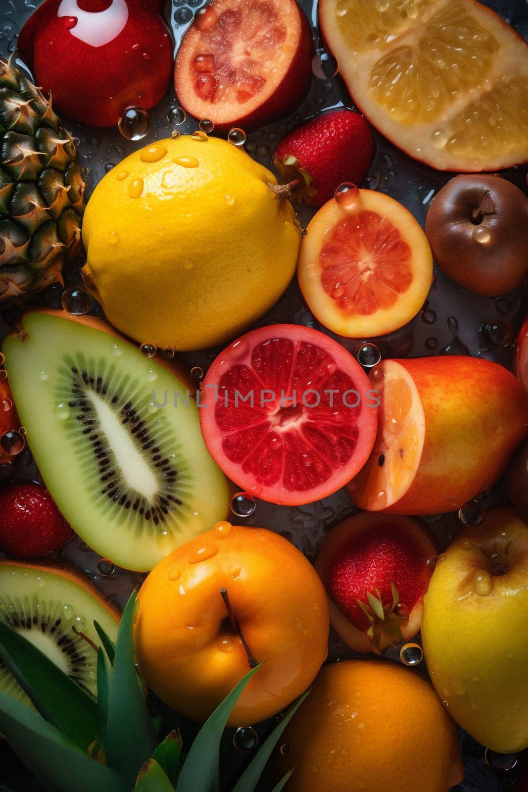 strawberry vitamin drop fruit background fresh food water ingredient healthy green. Generative AI. by SHOTPRIME