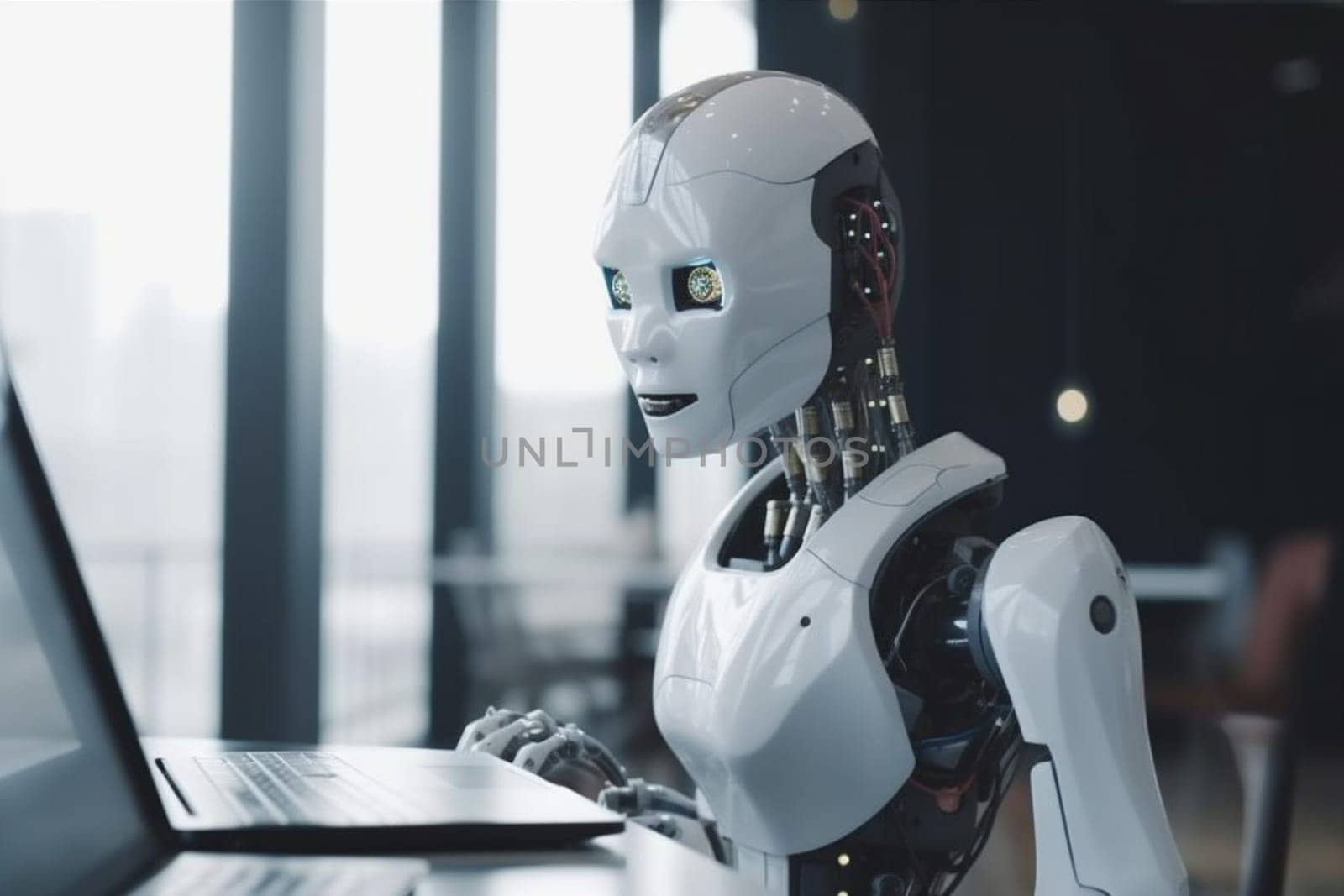 robot paperwork future laptop office job hand cyber technology document paper automation digital concept machine ai tech artificial communication generative. Generative AI.