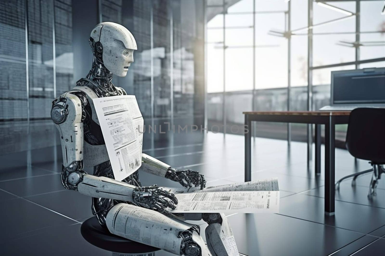 cyber man artificial finance job laptop automation document paper device robot mechanical paperwork cyberspace office cyborg ai digital technology hand. Generative AI.