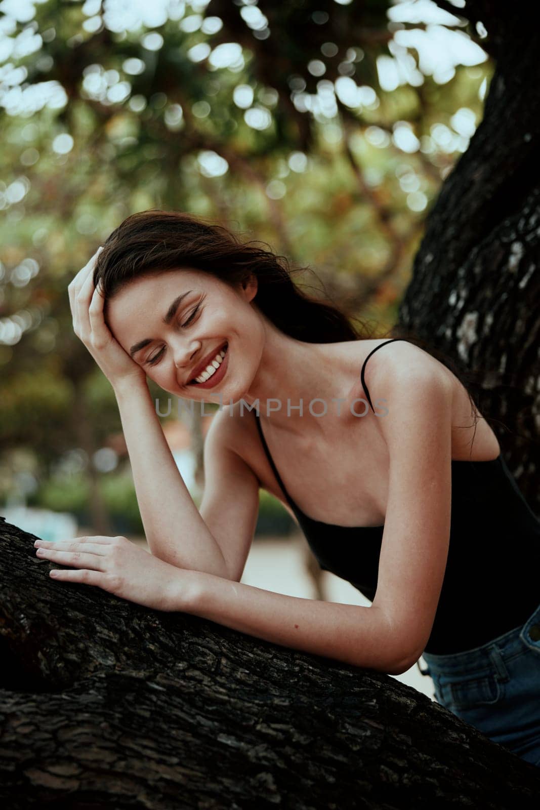 woman sitting relax sunny horizon sky smiling model sea beach vacation hanging tree holiday nature fitness happiness girl relaxation beautiful lifestyle