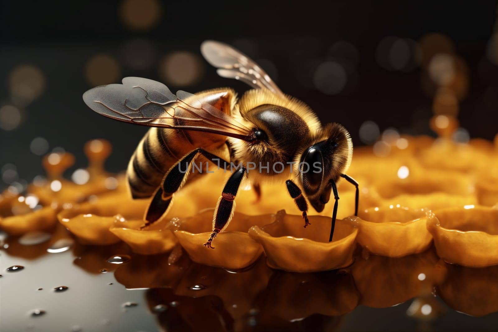 wildlife yellow insect background gold bug beehive nature buzz honeycomb bee detailed pollen macro food closeup wing vibrant ai honey wax. Generative AI.