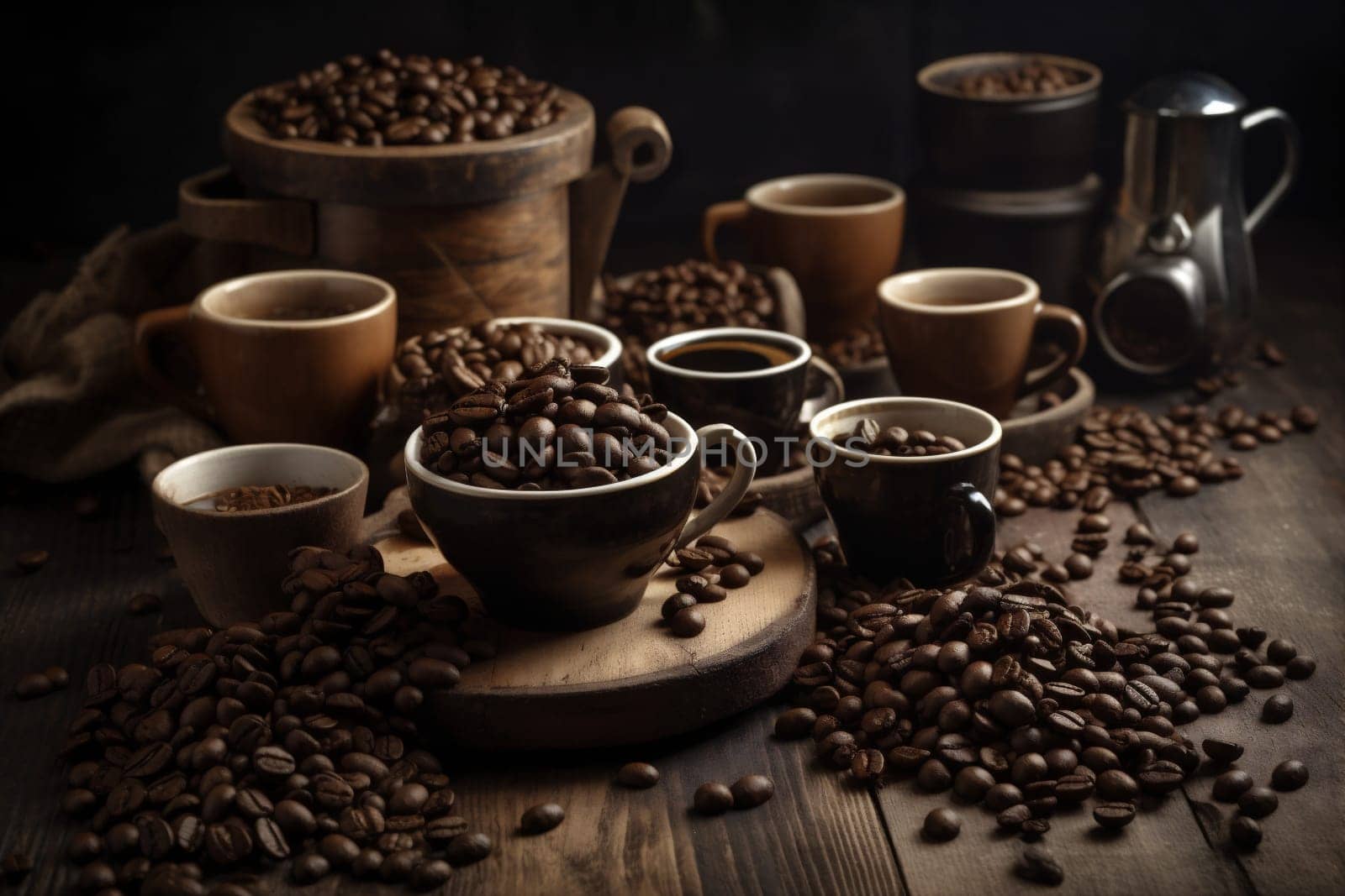 cup space cafe roasted style taste retro mug espresso food drink breakfast aroma vintage brown closeup bean shop morning coffee. Generative AI.