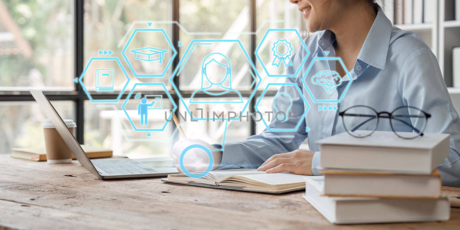 Young woman on laptop at library. Concept of working process, internet surfing, online business education. Student send e-mail. Close up view. Formula math icons.