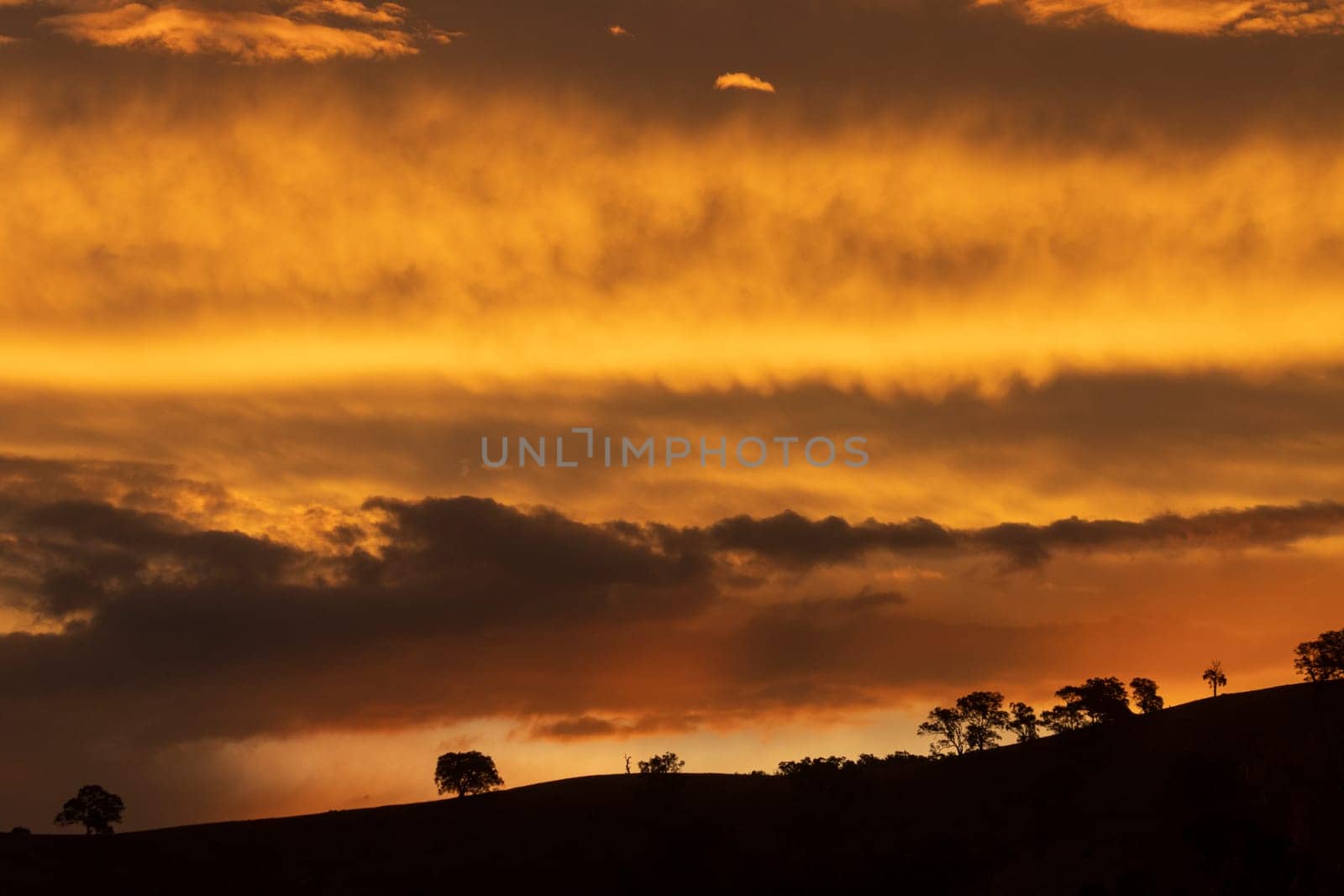 Dramatic orange layered clouds at sunset over a hill with trees by StefanMal