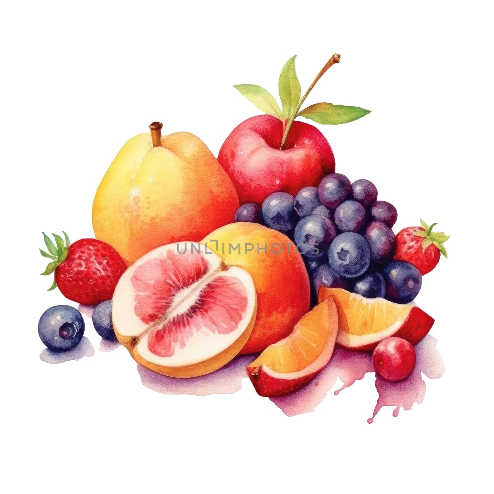 Watercolor illustration of still life with fruits on transparent background. Ai generative.