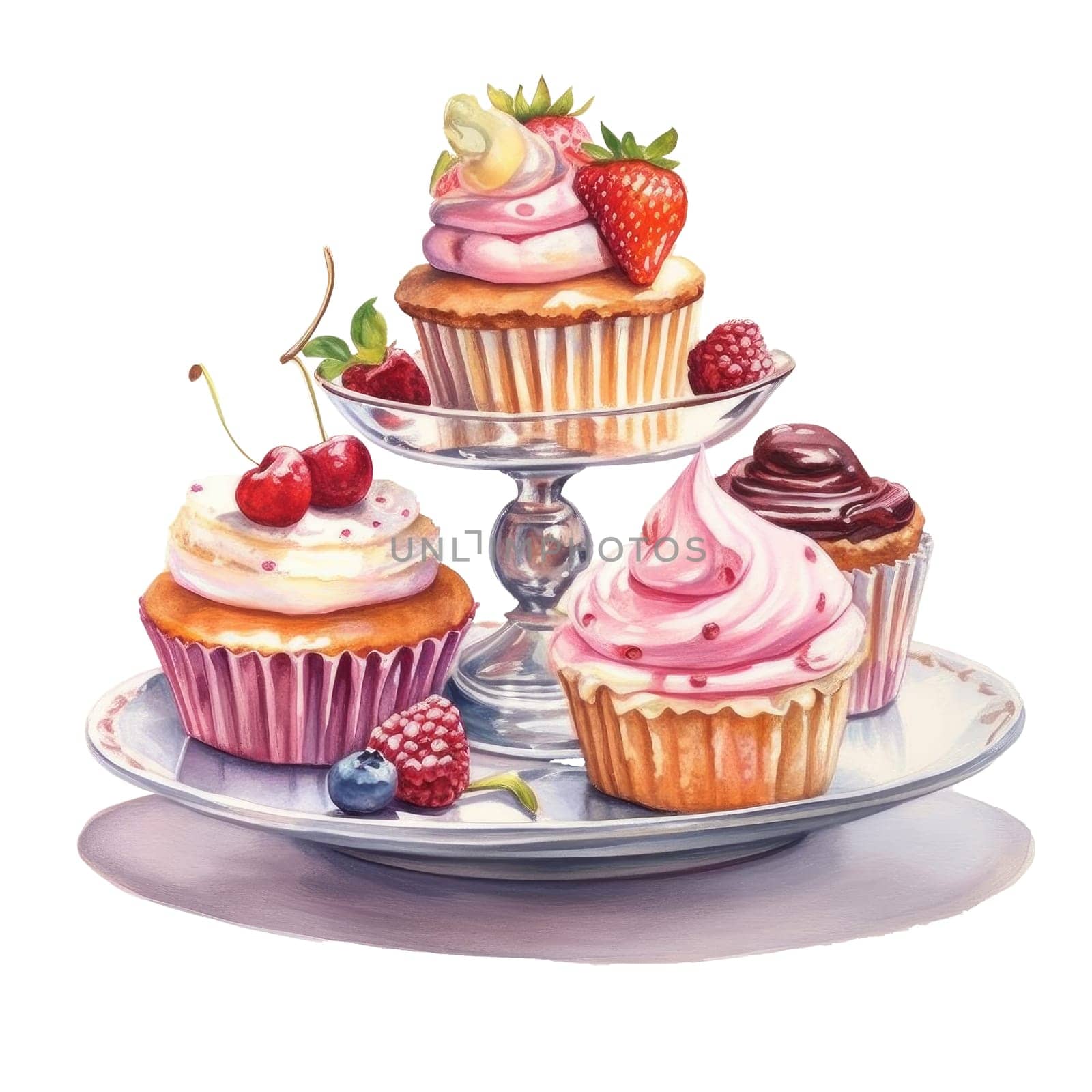 Collection of cupcakes with different ingredients. Set of sweet cakes. Colorful dessert.Watercolor illustration of cake with cream and berries.