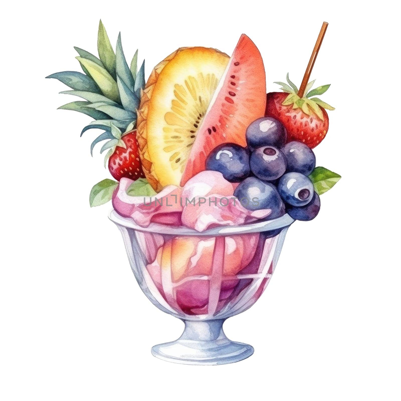 Fruit salad with vanilla ice cream in glass sundae dish cup isolated on transparent background. Ai generative, ai generated