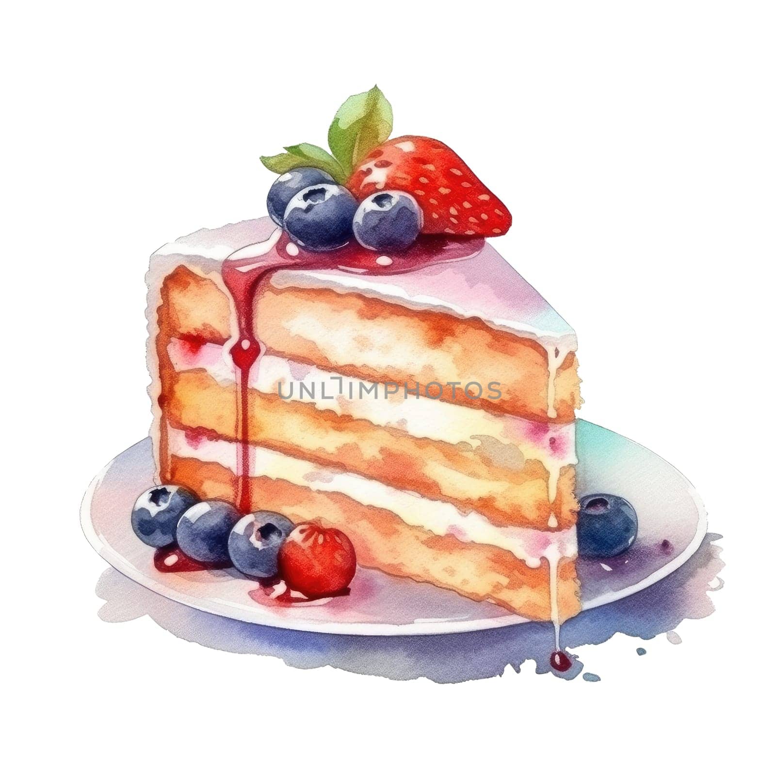 Watercolor cake, piece of cake. It can be used for card, postcard, cover, invitation, wedding card, mothers day card, birthday card, menu, recipe. Ai generative.