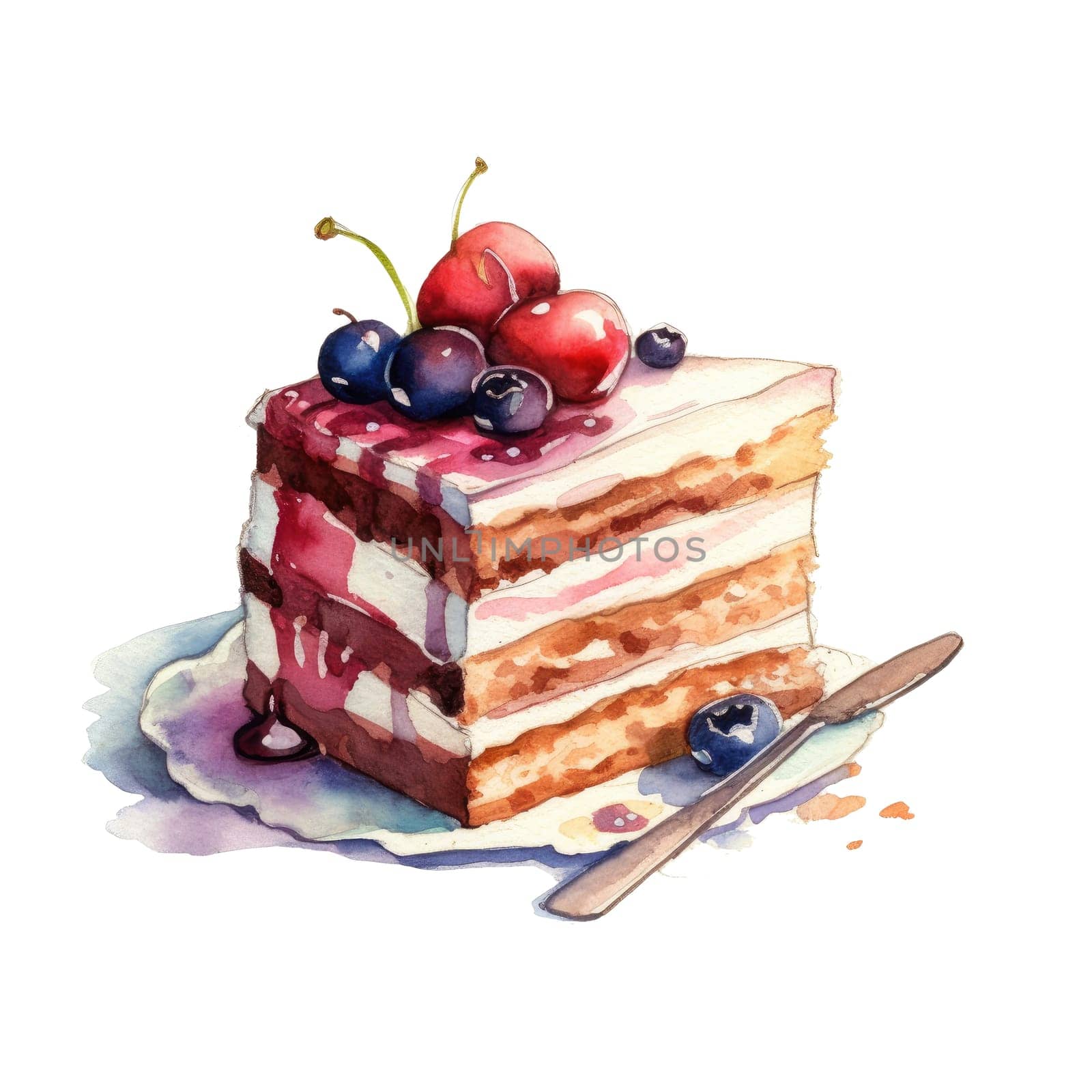 Watercolor cake, piece of cake. It can be used for card, postcard, cover, invitation, wedding card, mothers day card, birthday card, menu, recipe. Ai generative.