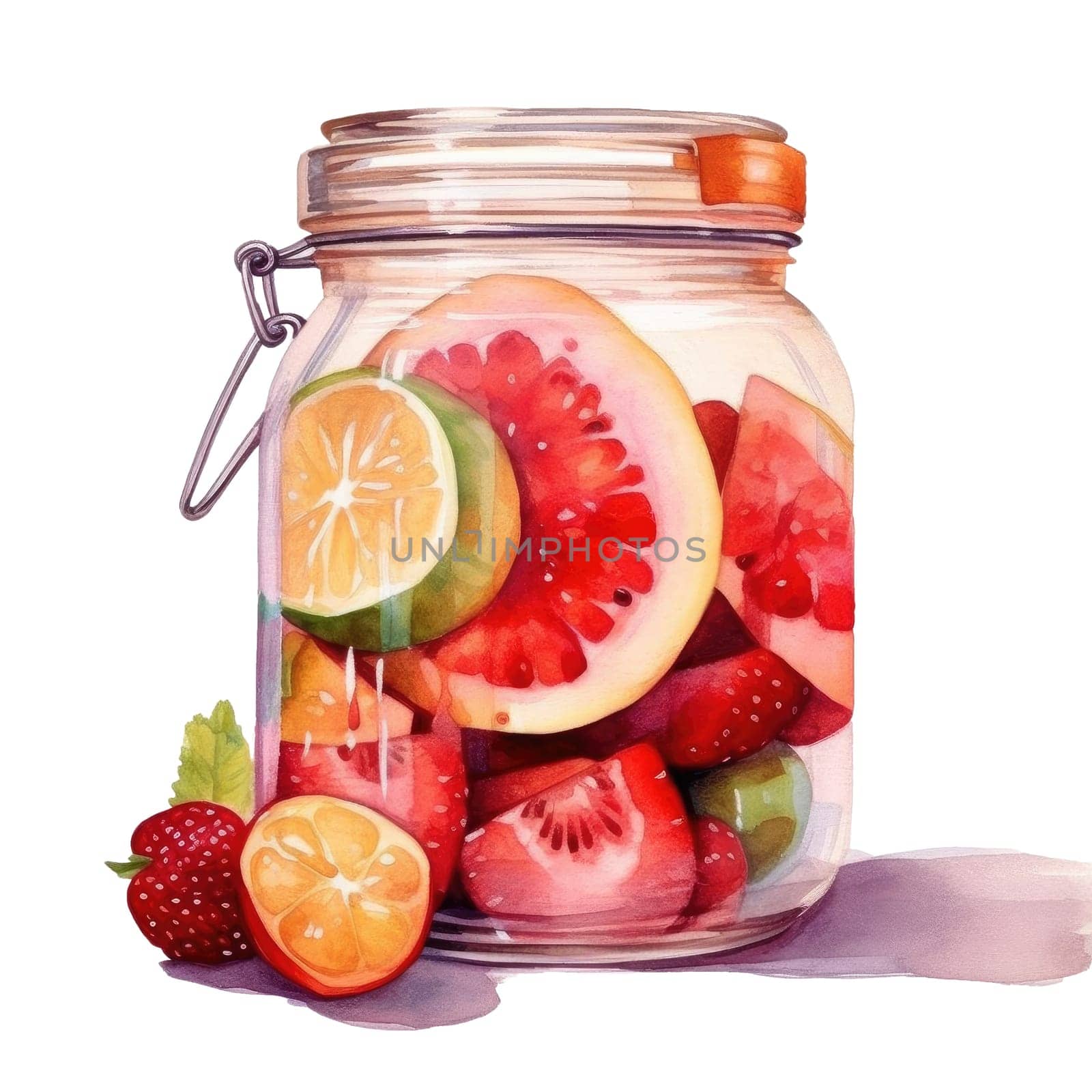 Fruit jam. Mason jar. Watercolor. Ai generative.