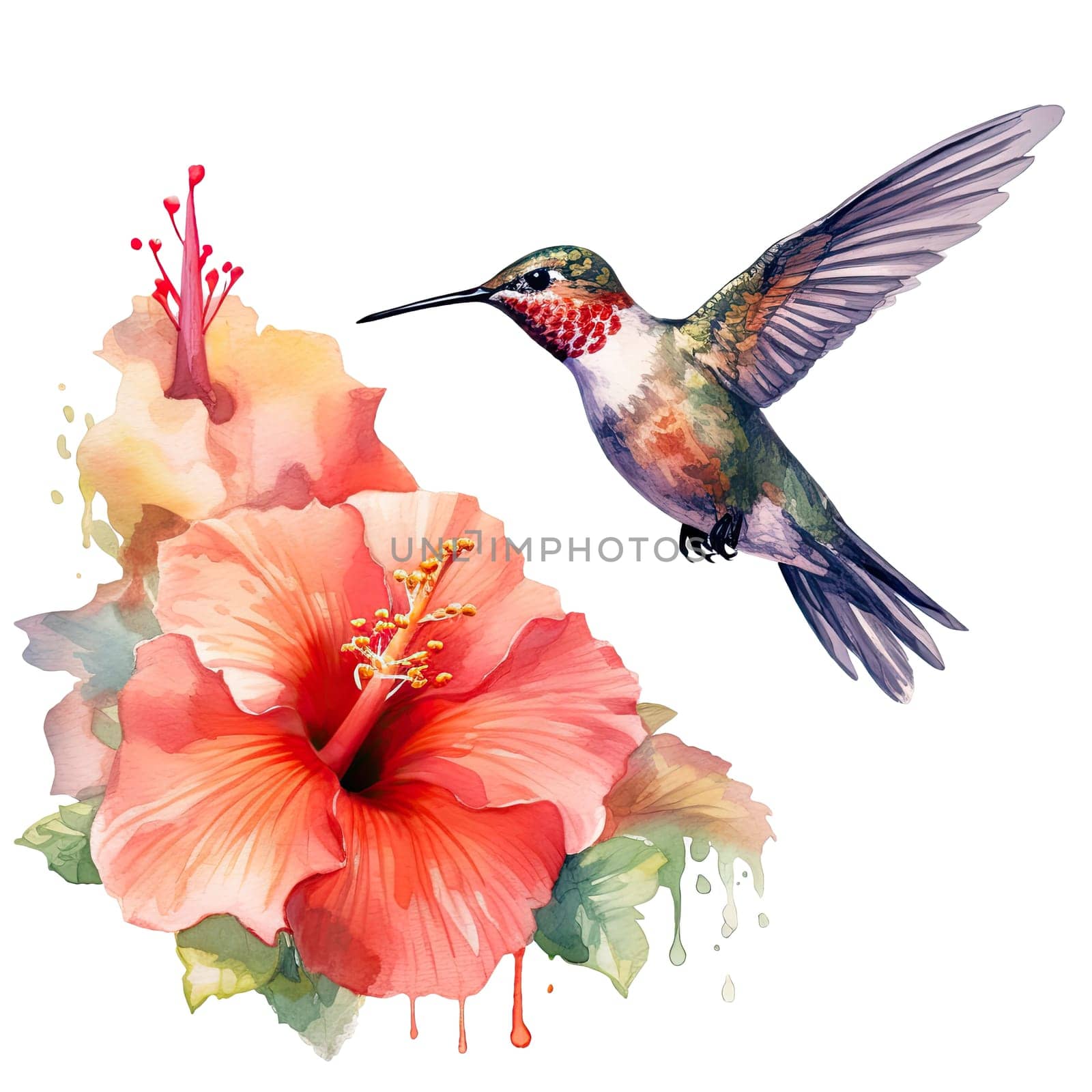 Watercolor Bird Hummingbird Flying Around the Fuchsia Flowers Summer Garden Illustration Set isolated on transparent background. Ai generative