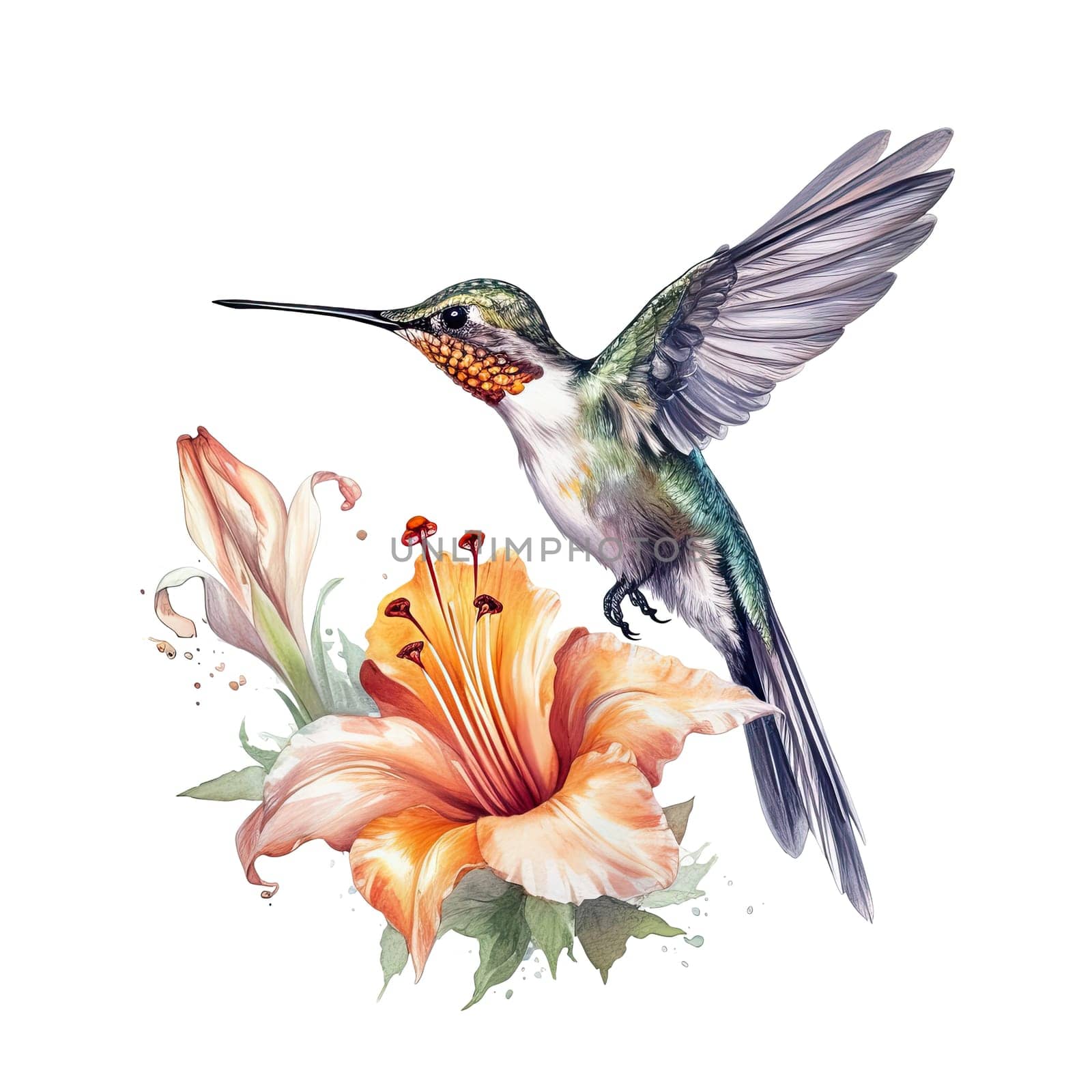 Watercolor Bird Hummingbird Flying Around the Fuchsia Flowers Summer Garden Illustration Set isolated on transparent background. Ai generative