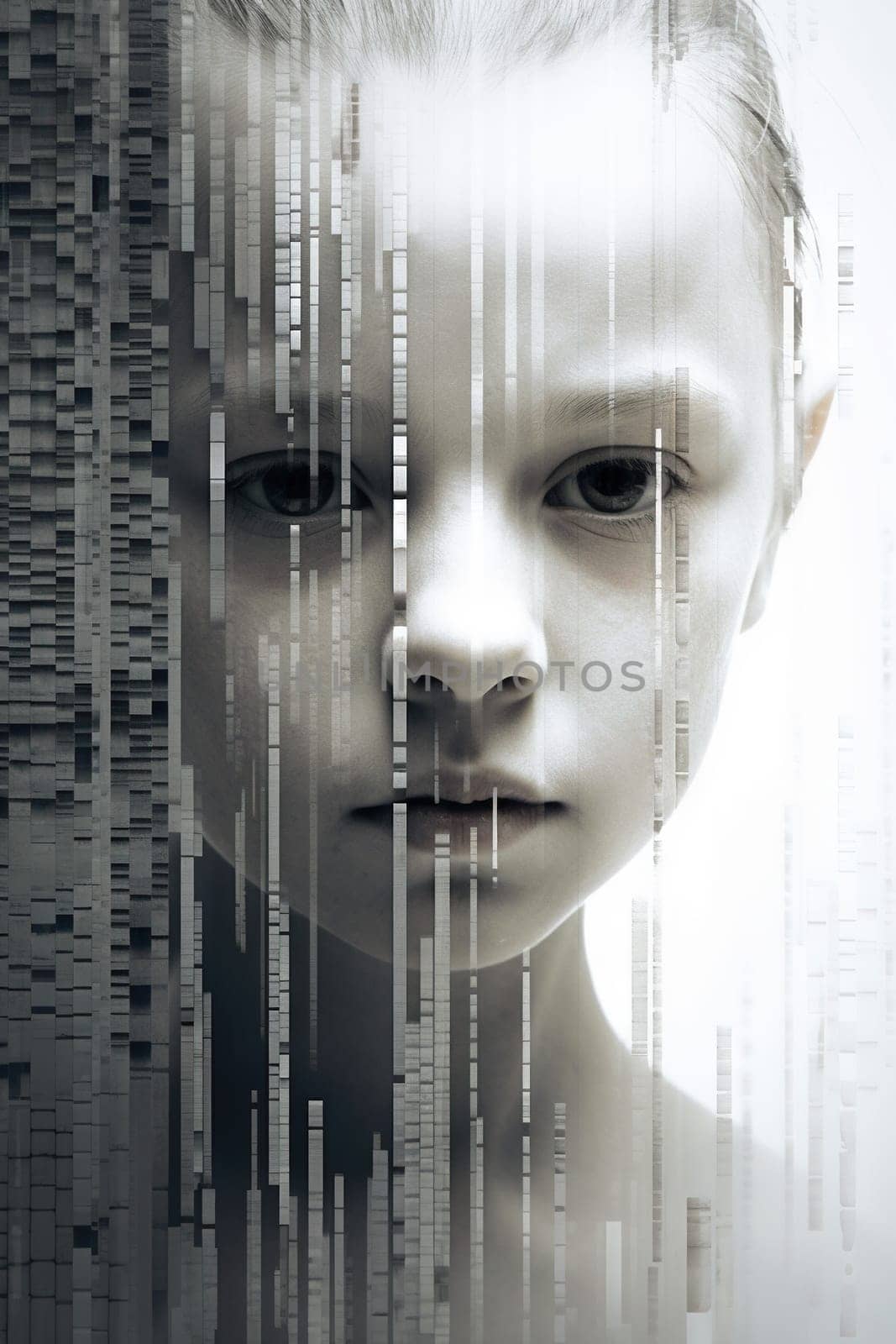 Pixelated child portrait in white and grey tones - generative AI, AI generated by chrisroll