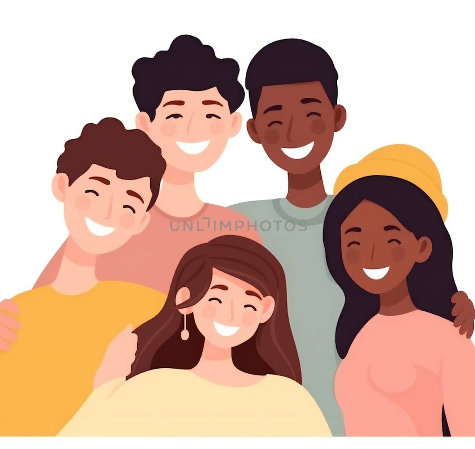 group of young people, students of different races, nations, skin colors hug and smile. generative ai by juliet_summertime