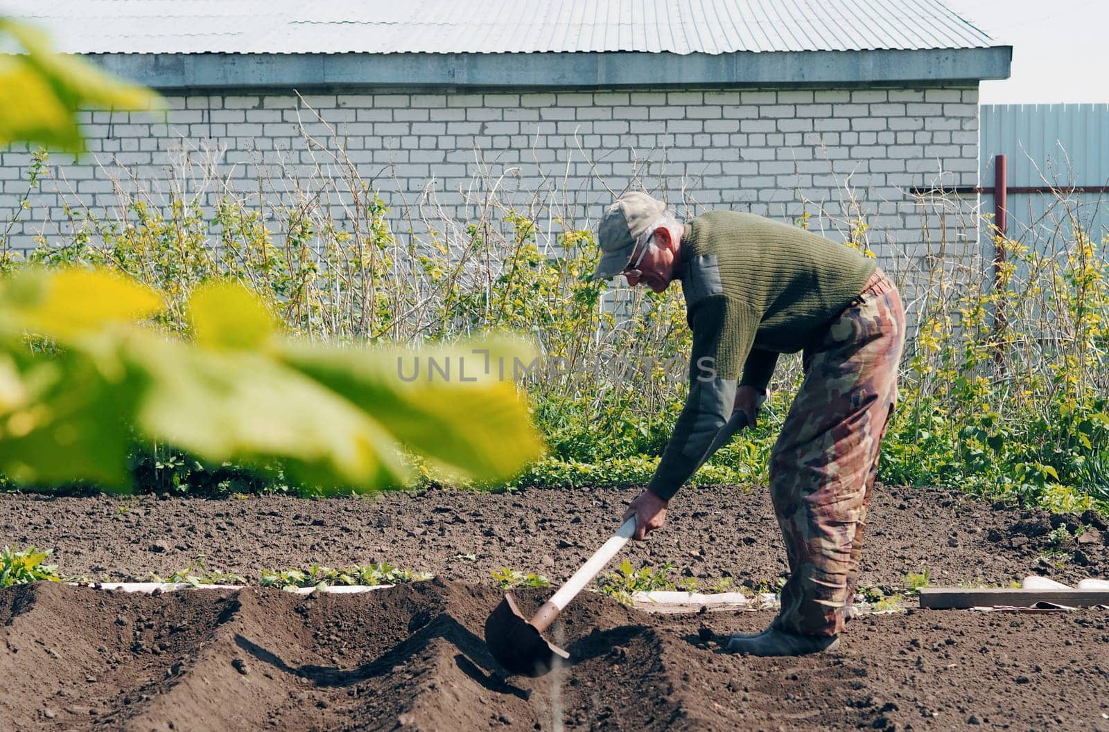 The concept of private agriculture.An elderly pensioner prepares the land for planting vegetables.Spring sowing work. by TatianaPink