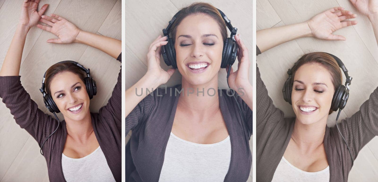 Let music take you to the places you dream about. a beautiful woman listening to music over her headphones. by YuriArcurs